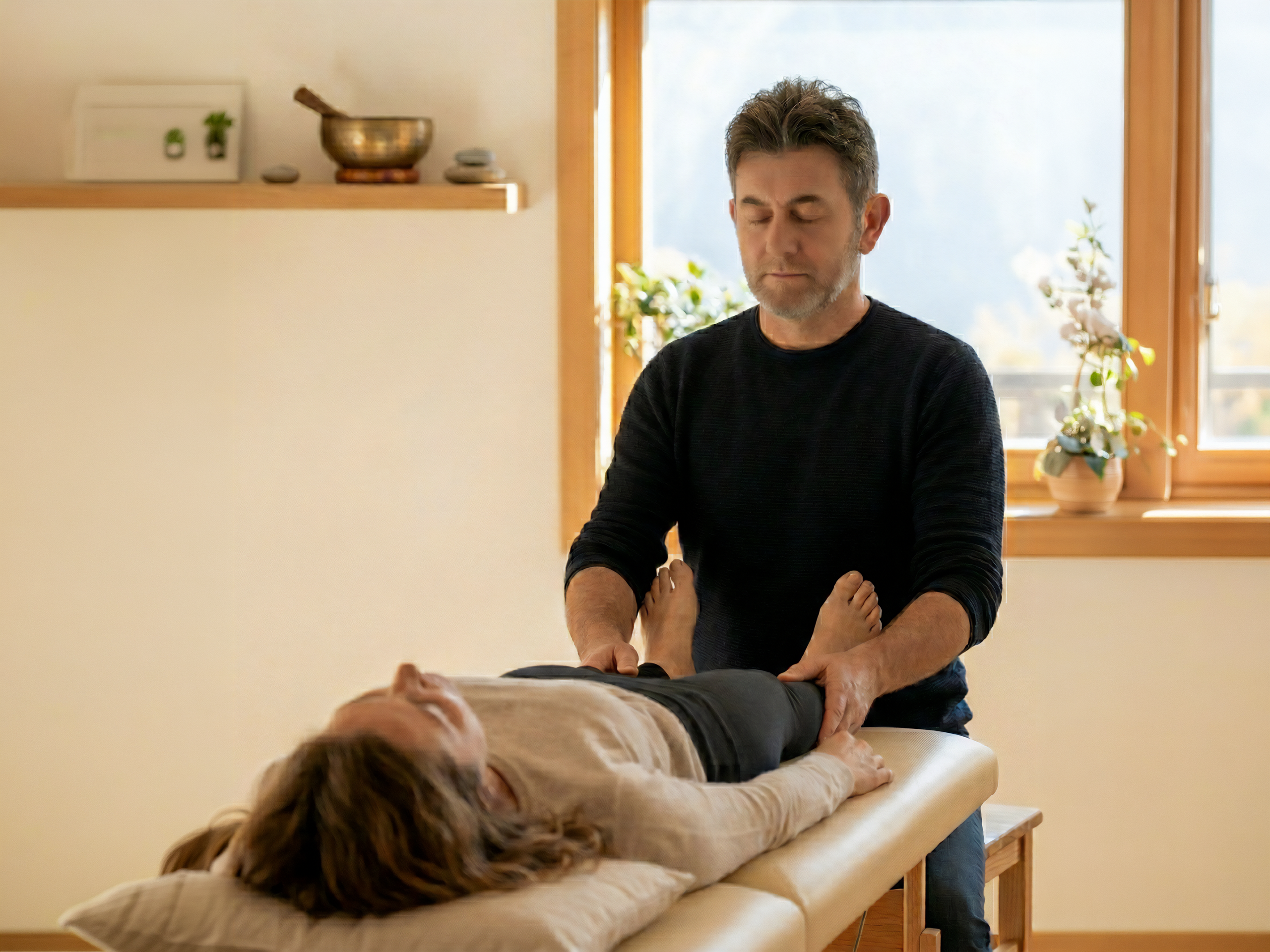 Presa manuale delicata sulle caviglie durante un trattamento di Biodinamica Craniosacrale